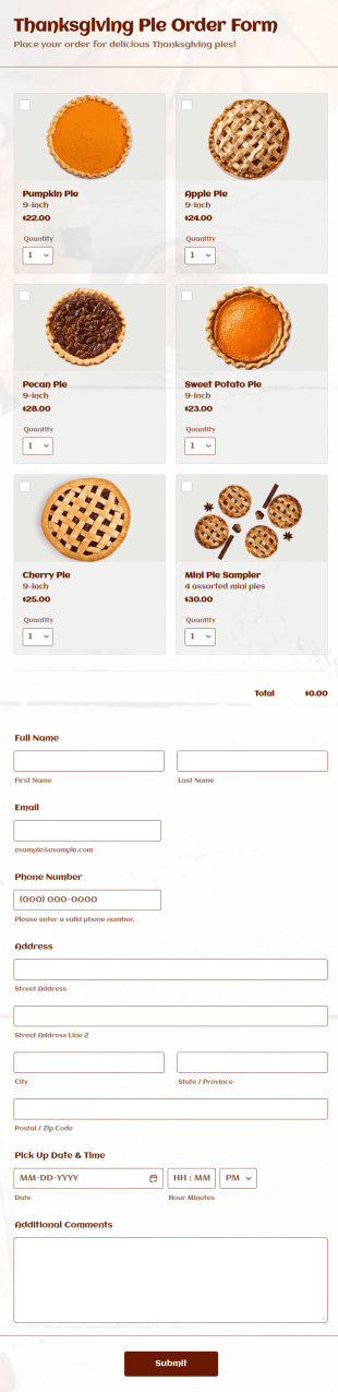 Thanksgiving Pie Order Form Template