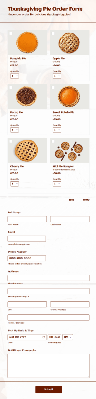 Thanksgiving Pie Order Form Template