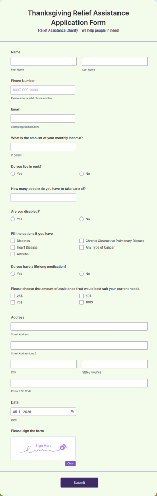 Thanksgiving Relief Assistance Application Form Template