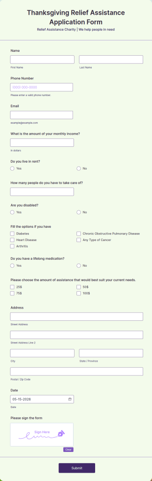 Thanksgiving Relief Assistance Application Form Template