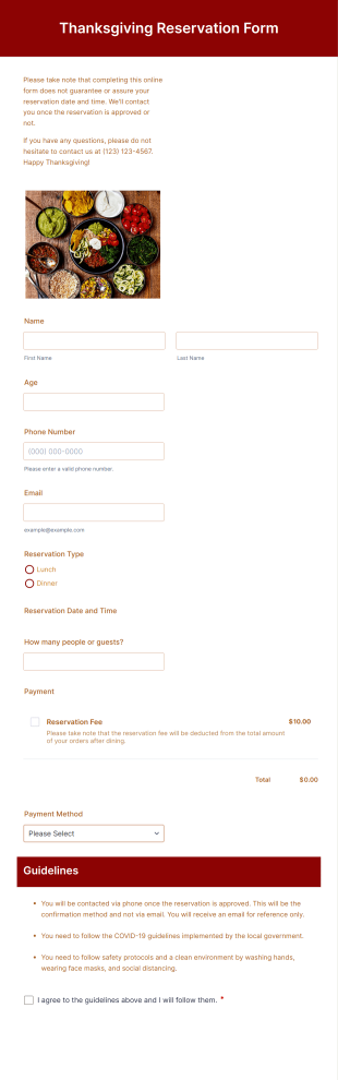 Thanksgiving Reservation Form Template