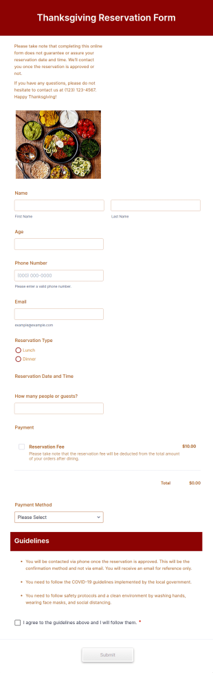 Thanksgiving Reservation Form Template