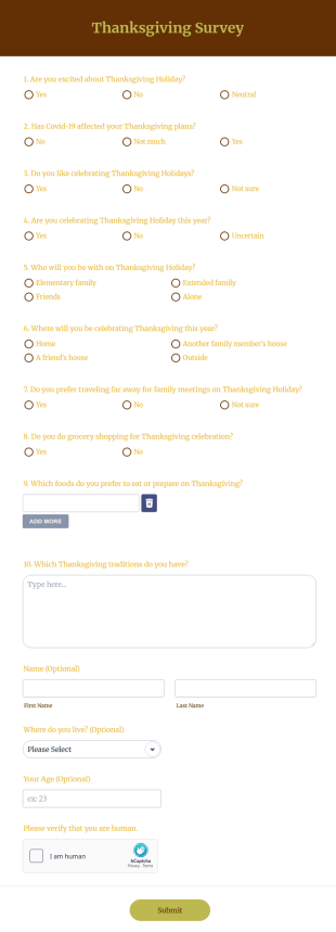 Thanksgiving Survey Form Template
