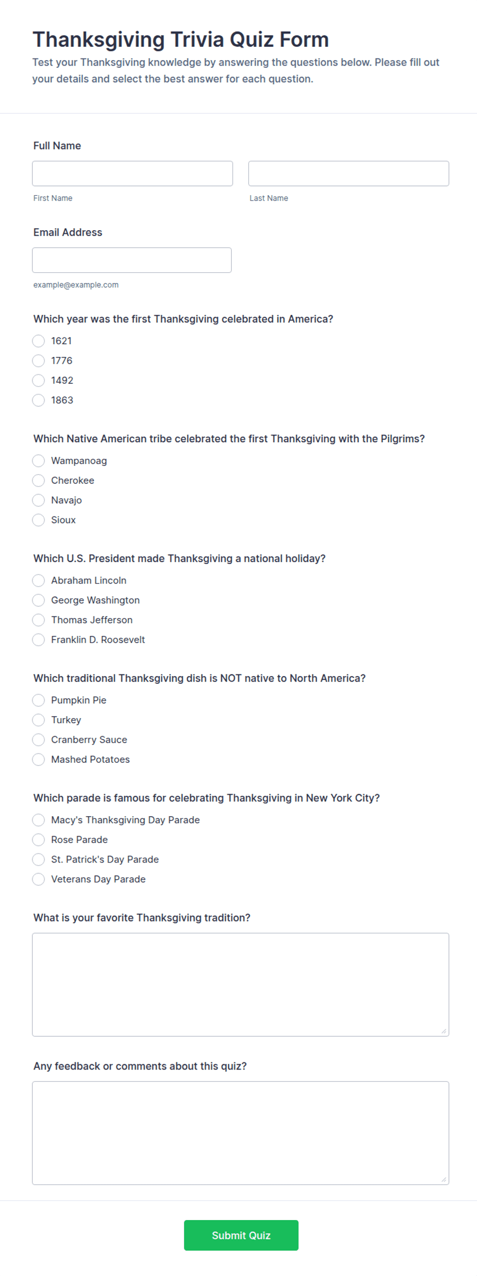 Thanksgiving Trivia Quiz Form Template | Jotform
