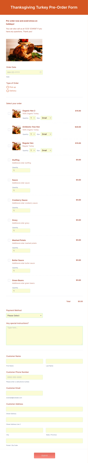 Thanksgiving Turkey Pre Order Form Template