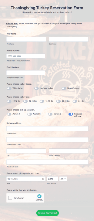 Thanksgiving Turkey Reservation Form Template