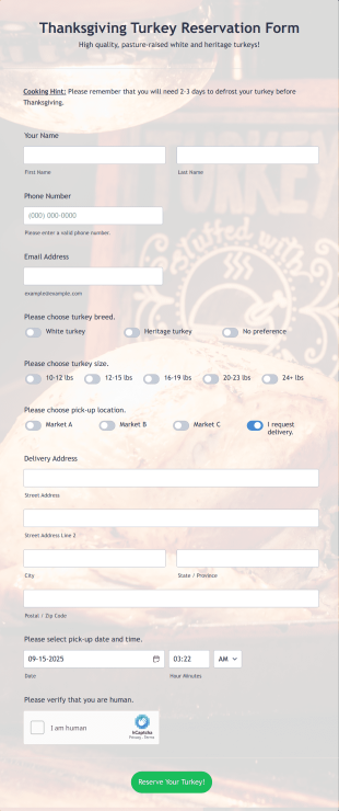 Thanksgiving Turkey Reservation Form Template