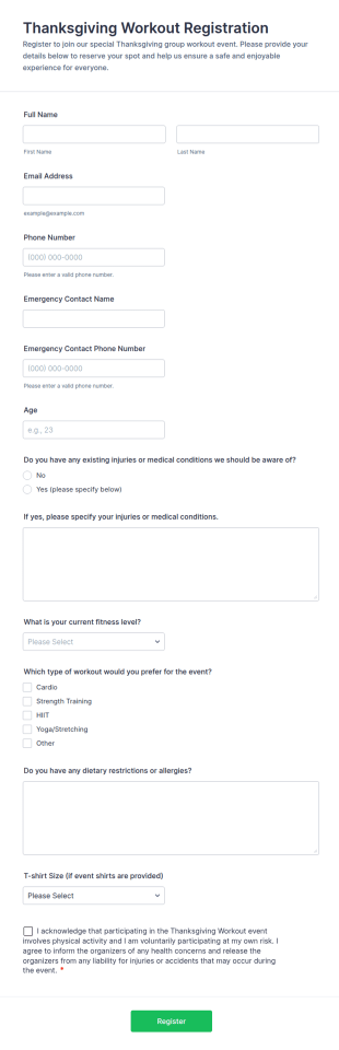 Thanksgiving Workout Registration Form Template