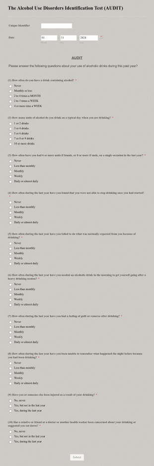 The Alcohol Use Disorders Identification Test (AUDIT) Form Template