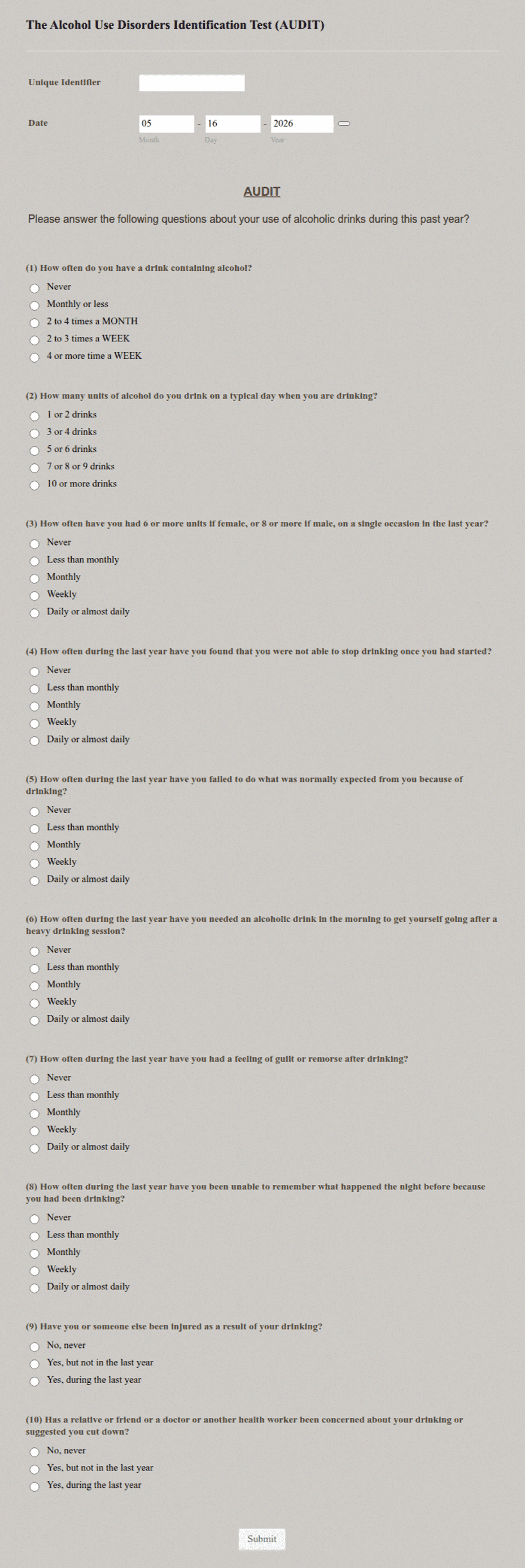 The Alcohol Use Disorders Identification Test (AUDIT) Form Template ...
