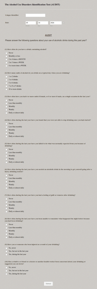 The Alcohol Use Disorders Identification Test (AUDIT) Form Template
