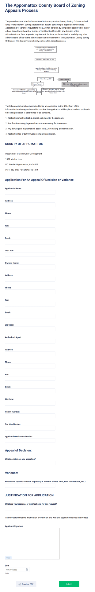 The Appomattox County Board Of Zoning Appeals Process Form Template