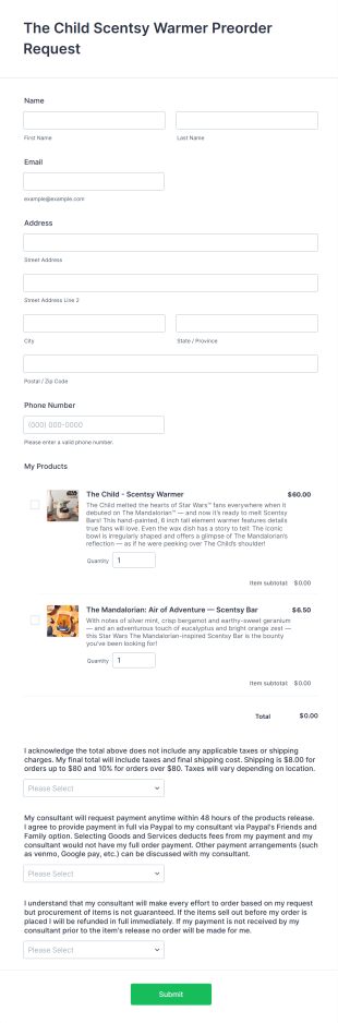 Child Warmer Preorder Form Template