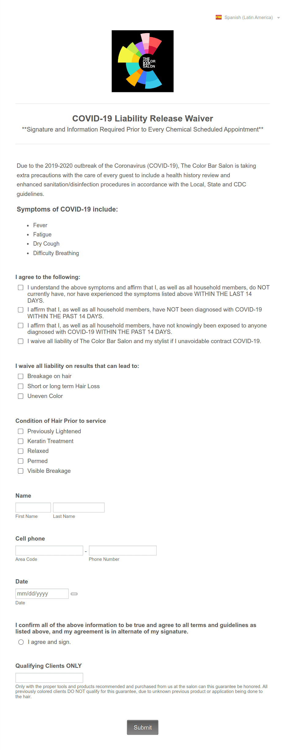 The Color Bar Client Release Form Includes COVID-19 Form Template | Jotform