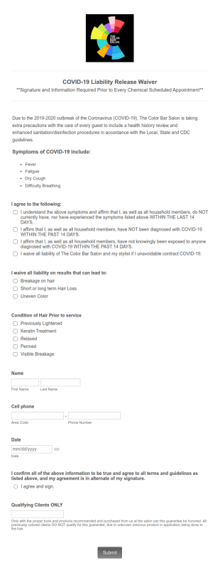 The Color Bar Client Release Form Includes COVID 19