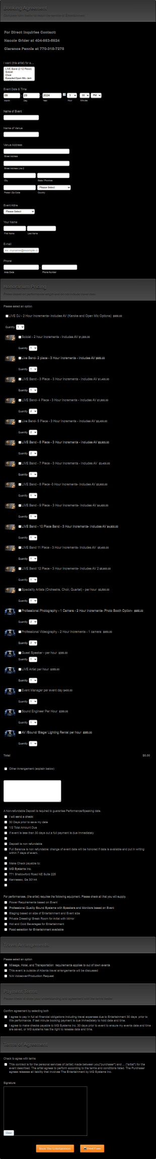 The Entertainment Booking Form Template