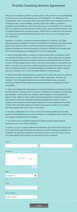 Coaching Session Agreement Form Template