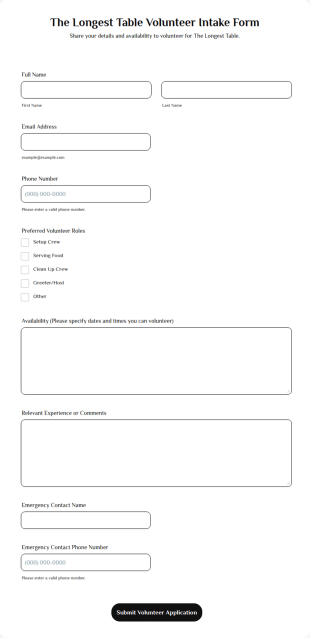 The Longest Table Volunteer Intake Form Template