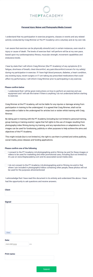 Personal Trainer Injury Waiver And Media Consent Form Template