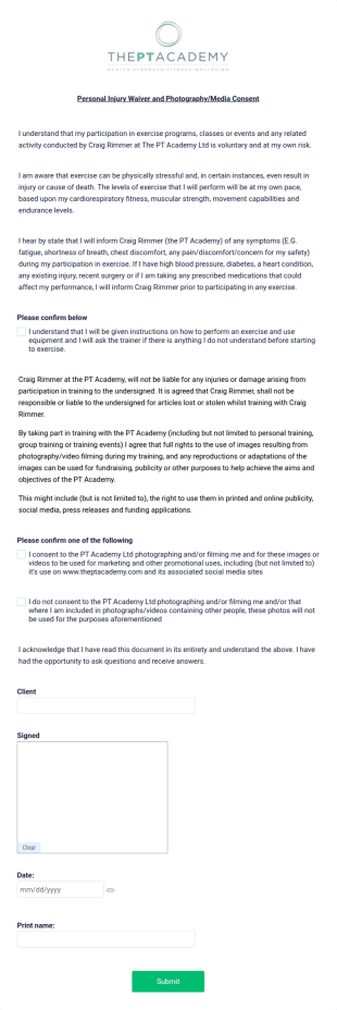 Personal Trainer Injury Waiver And Media Consent Form Template