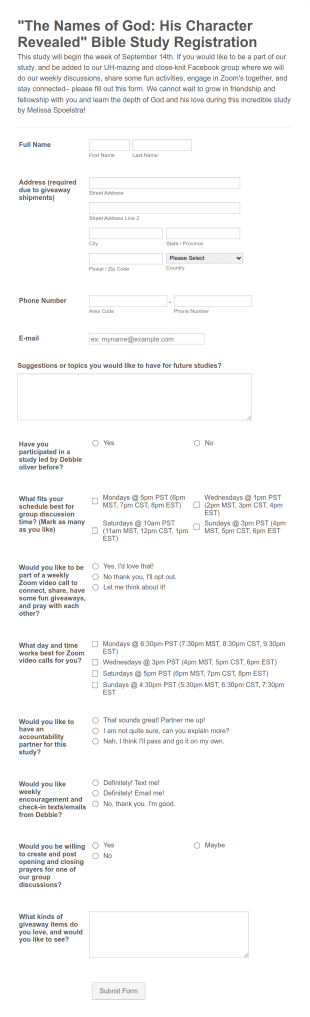 The Names Of God Bible Study Registration Form Template