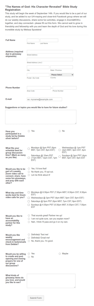 The Names Of God Bible Study Registration Form Template
