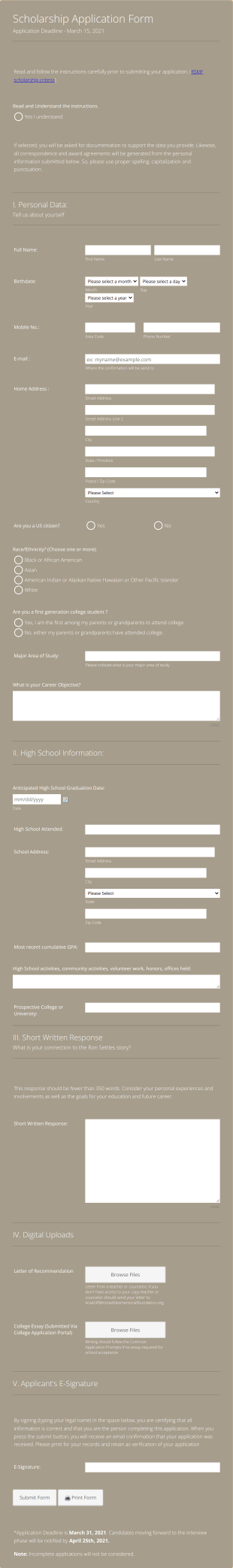 The Ron Settles Memorial Foundation Scholarship Application Form Template