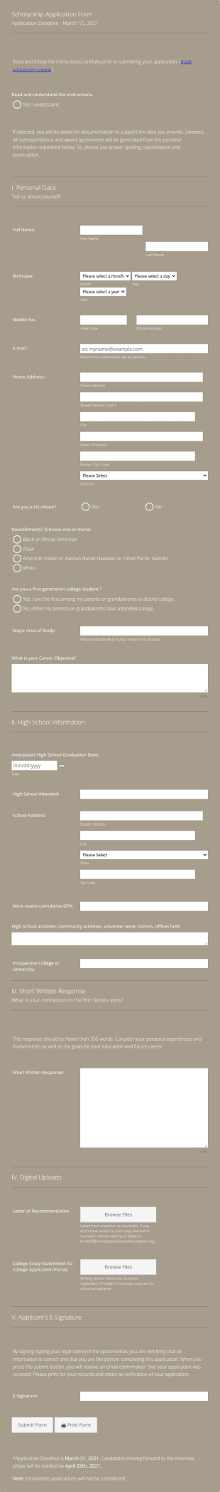 The Ron Settles Memorial Foundation Scholarship Application Form Template