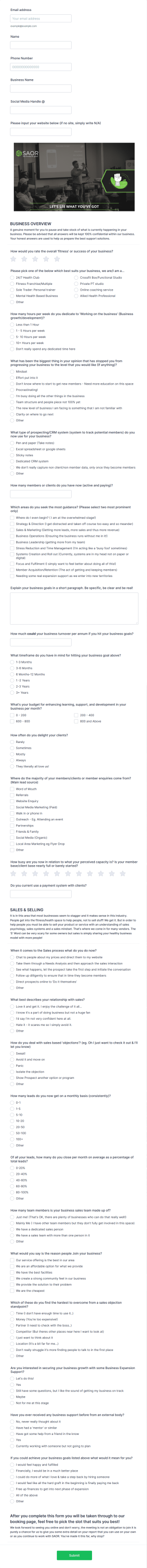 Fitness Business Sales Readiness Questionnaire Form Template
