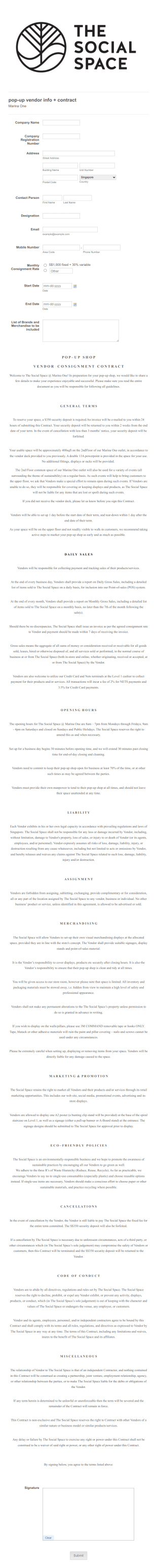 The Social Space Pop Up Vendor Contract Form Template