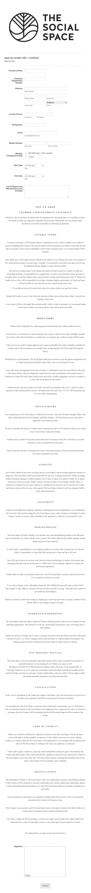 The Social Space Pop Up Vendor Contract Form Template