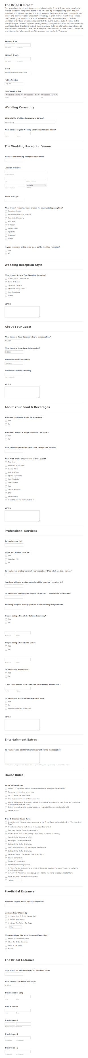 Wedding Reception Planner Form Template