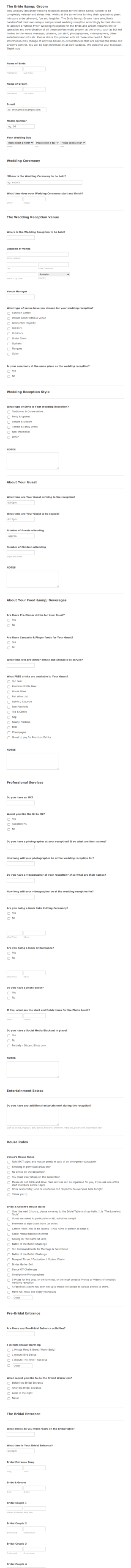 Wedding Reception Planner Form Template