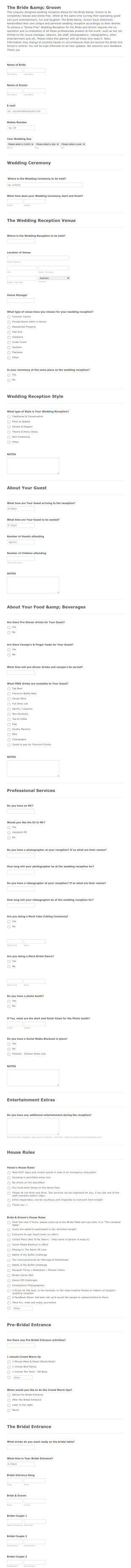 Wedding Reception Planner Form Template