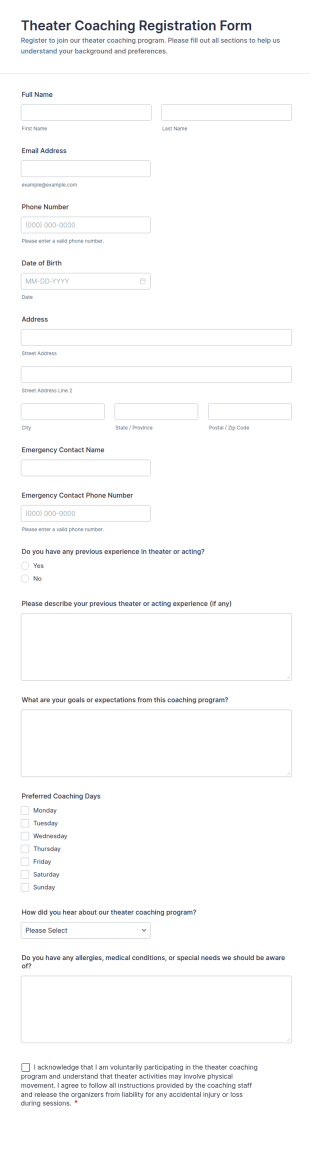 Theater Coaching Registration Form Template
