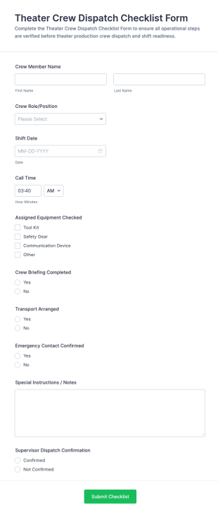Theater Crew Dispatch Checklist Form Template
