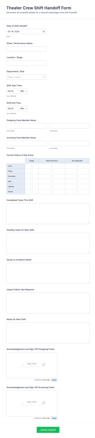 Theater Crew Shift Handoff Form Template