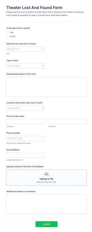 Theater Lost And Found Registration Form Template