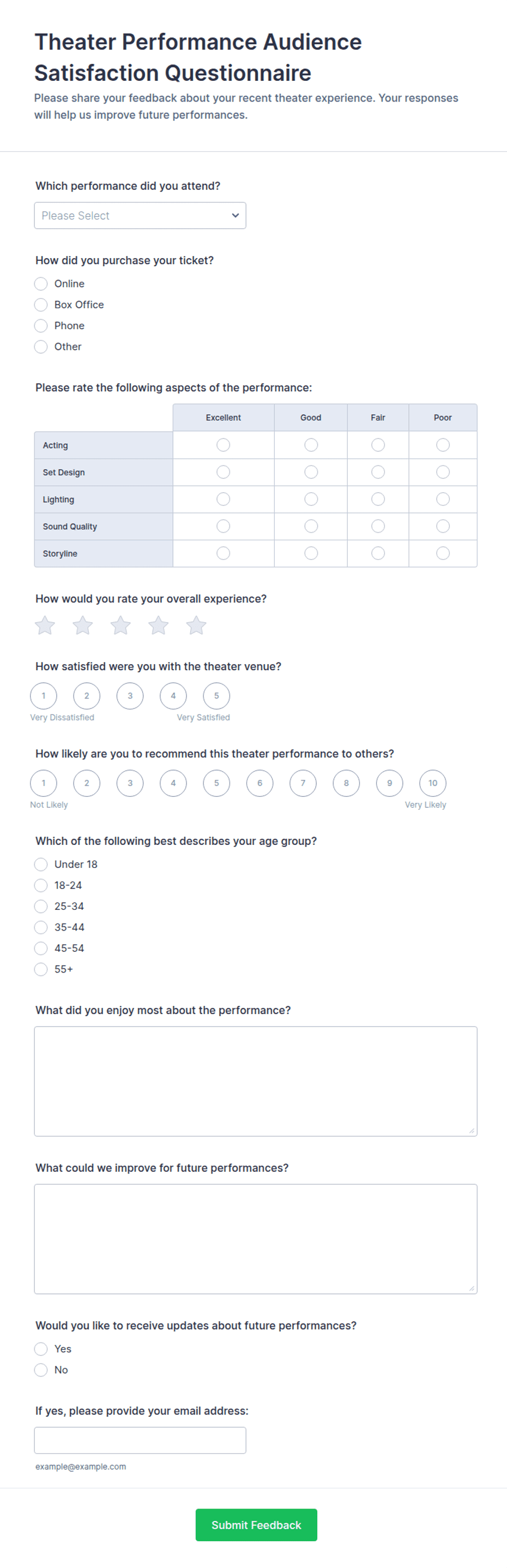 Theater Performance Audience Satisfaction Questionnaire Form Template ...