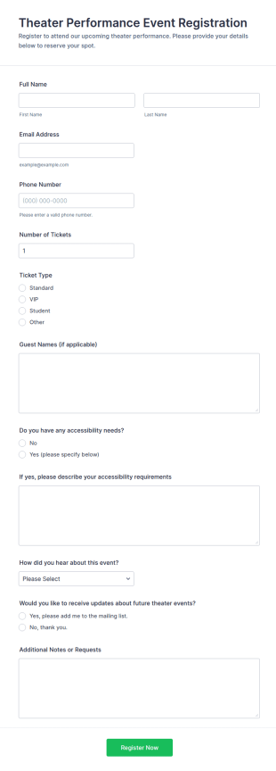 Theater Performance Event Registration Form Template