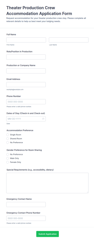 Theater Production Crew Accommodation Application Form Template