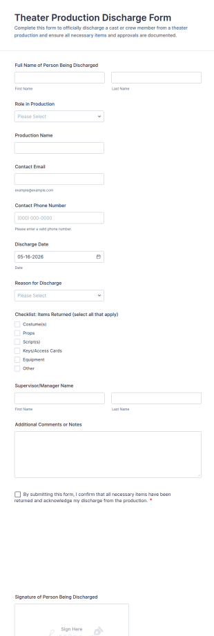 Theater Production Discharge Form Template