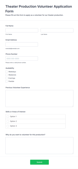Theater Production Volunteer Application Form Template