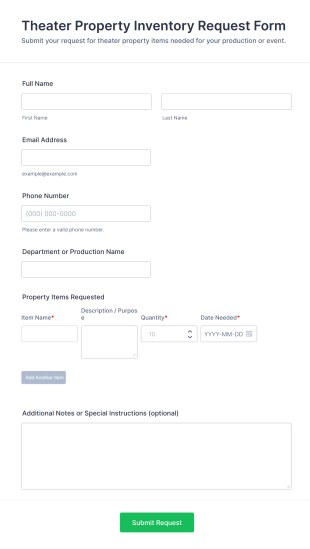Theater Property Inventory Request Form Template
