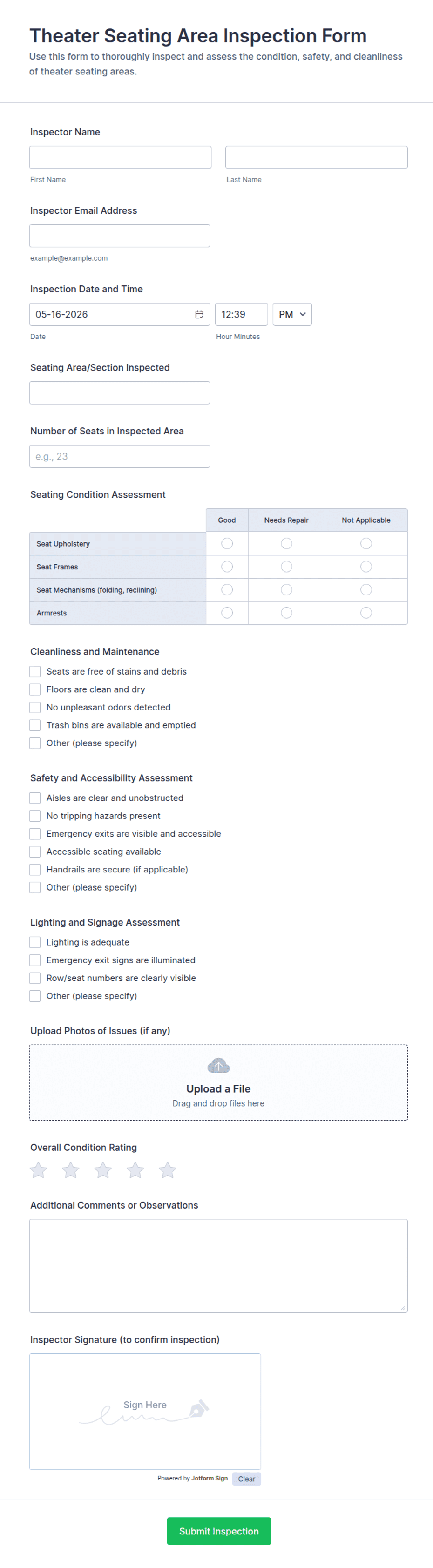 Theater Seating Area Inspection Form Template | Jotform