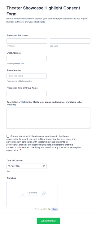 Theater Showcase Highlight Consent Form Template