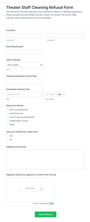 Theater Staff Cleaning Refusal Form Template