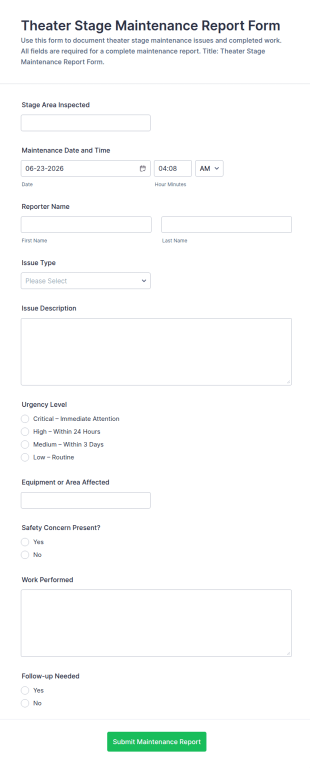 Theater Stage Maintenance Report Form Template