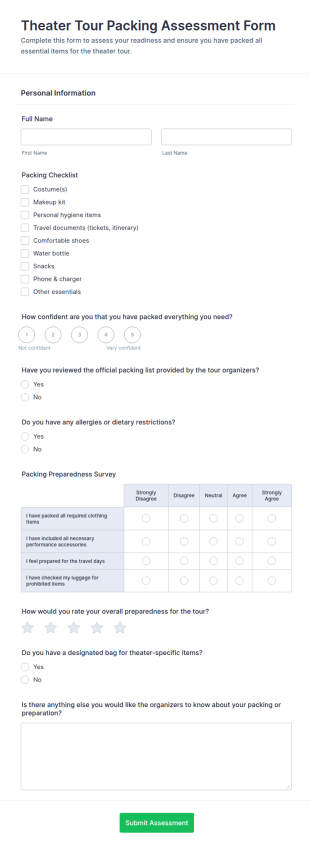 Theater Tour Packing Assessment Form Template