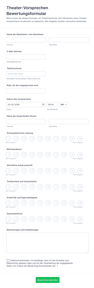 Theater Vorsprechen Bewertungsformular